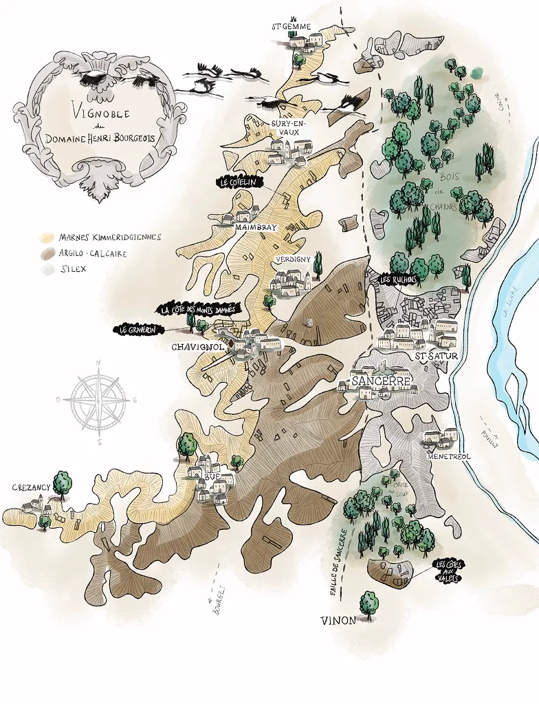 Carte illustrée du vignoble du Domaine Henri Bourgeois, représentant les différents terroirs autour de Sancerre — marnes kimméridgiennes, argilo-calcaire et silex — avec les lieux-dits emblématiques : Chavignol, Le Crotelin, La Côte des Monts Damnés, Le Graveron, Les Ruchots, Les Côtes aux Valès, et les villages environnants comme Bué, Verdigny, Maimbray, St-Satur et Vinon.